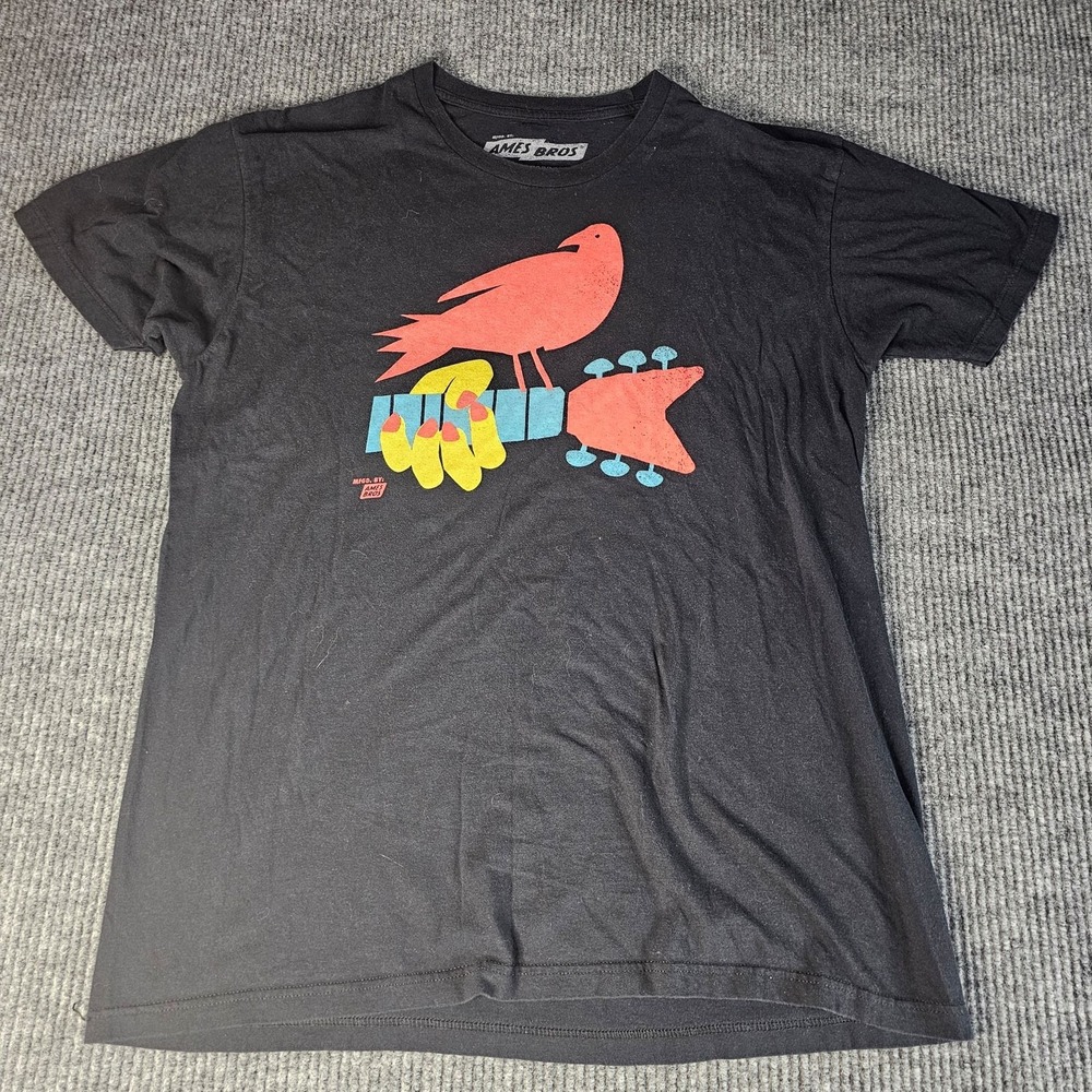 Ames Bros Shirt Mens XL Black Bird Guitar Graphic Tee Music Art Colorful